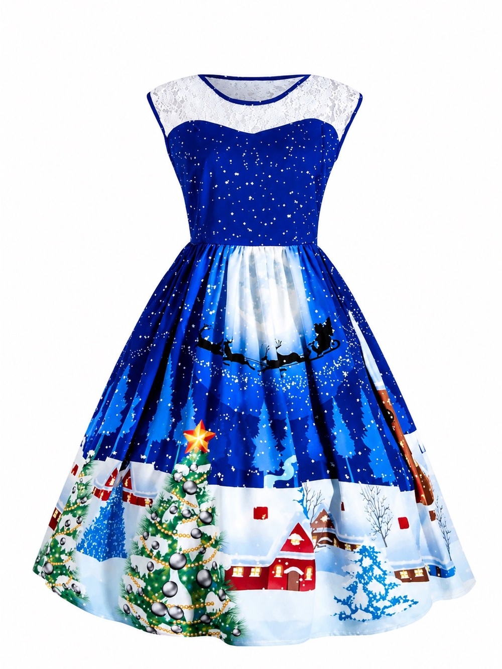 Grace Karin Christmas Winter Dress + Petticoat 2XL Blue Holiday Snow Village